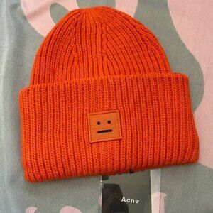 Acne Square Embroidered Face Orange Knitted Hat